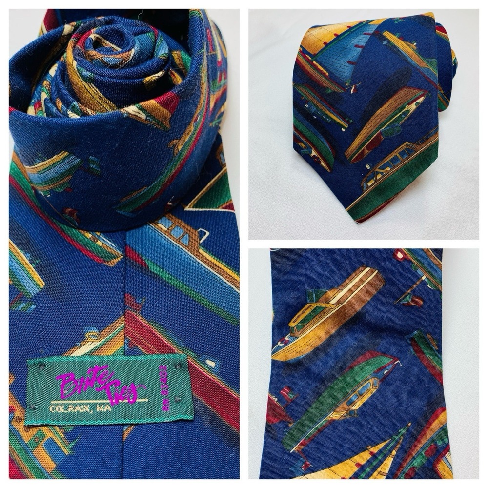 Brite Ties Antique Wooden Boats Sailing Theme Mens VTG Cotton 60x3.75" Necktie‎